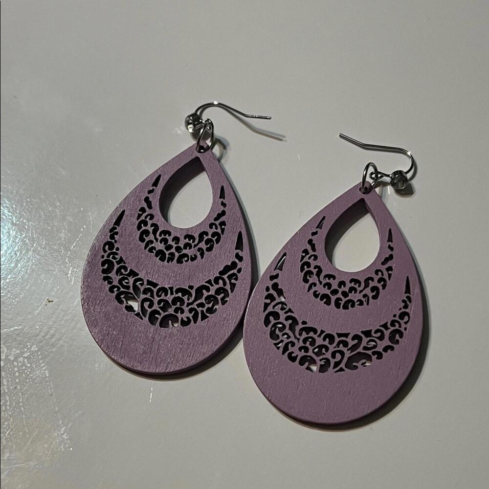 Purple Wooden Teardrop Earrings with Intricate Cutout Design - Picture 2 of 3
